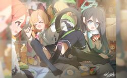  >_< 4girls animal_ear_headphones animal_ears aris_(blue_archive) black_hair blonde_hair blue_archive blue_eyes blue_halo chinese_commentary commentary_request fake_animal_ears game_development_department_(blue_archive) glyphsss green_halo halo headphones highres juice midori_(blue_archive) momoi_(blue_archive) multiple_girls pink_halo short_hair siblings side_ponytail sisters thigh-highs twins uno_(game) yuzu_(blue_archive) 