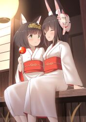  2girls absurdres alternate_costume animal_ears azur_lane brown_hair candy_apple cien_(shikanokuni) closed_eyes commentary_request flower food hair_ornament highres japanese_clothes kimono long_hair long_sleeves looking_at_another mask mask_on_head medium_hair multiple_girls mutsu_(azur_lane) nagato_(azur_lane) outdoors pink_flower red_sash sash sitting white_kimono wooden_wall yellow_eyes yukata 