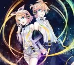  arm_warmers blonde_hair brother_and_sister detached_sleeves hair_ornament hair_ribbon hairclip headphones kagamine_len kagamine_len_(append) kagamine_rin kagamine_rin_(append) navel navel_cutout ribbon sakou_mochi short_hair shorts siblings smile twins vocaloid vocaloid_append 
