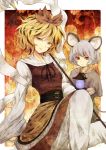  animal_ears bad_id black_hair blonde_hair grey_hair jeweled_pagoda mouse_ears mouse_tail multicolored_hair multiple_girls nazrin polearm red_eyes shawl slit_pupils spear tail tiger_print toramaru_shou touhou two-tone_hair urin weapon yellow_eyes 