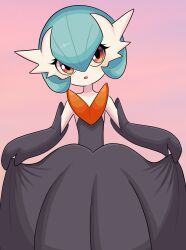  1girl :o alternate_color bare_shoulders black_dress black_gloves blue_hair blush bob_cut colored_skin commentary curtsey dress elbow_gloves faeriebottle flat_chest gardevoir gloves hair_between_eyes highres light_blush long_dress looking_at_viewer mega_gardevoir mega_pokemon open_mouth orange_eyes pink_background pokemon pokemon_(creature) shiny_pokemon short_hair simple_background solo standing strapless strapless_dress white_skin 