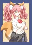  1girl :3 animal_ears bow breasts fate/extella fate/extra fate_(series) fox_ears fox_tail hair_bow hair_ribbon highres large_breasts looking_at_viewer pink_hair ribbon school_uniform shipuu solo tail tamamo_(fate)_(all) tamamo_jk_(fate) twintails yellow_eyes 