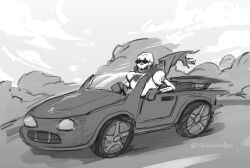  1boy 2024 2d armor artist_name cape car commentary convertible day digital_media driving english_commentary gloves grey_background greyscale ground_vehicle humanoid male male_focus male_only mewpet monochrome monster monster_boy motor_vehicle outdoors papyrus_(undertale) simple_background skeleton sky solo sunglasses teeth undead undertale utdr_(toby_fox) vehicle 
