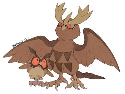  2others animal_focus beak bird colored_sclera fluffy highres hoothoot mamebato multiple_others no_humans noctowl owl pokemon pokemon_(creature) pokemon_focus pokemon_gsc red_sclera talons 