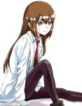  1girl aida_yuu black_legwear blue_eyes brown_hair dress_shirt labcoat long_hair looking_at_viewer makise_kurisu necktie pantyhose shirt simple_background sitting smile solo steins;gate 