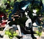  ;q artist_request bikini_top black_devil_girl black_gold_saw black_hair black_rock_shooter black_rock_shooter_(character) blue_eyes boots chain chains coat dead_master glasses glowing glowing_eyes green_eyes highres horns katana long_hair moemoe3345 multiple_girls pale_skin red_eyes scar shorts skull smile star sword tongue twintails weapon wink 