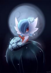 alternate_color bad_deviantart_id bad_id black_dress black_gloves blue_flower blue_hair bob_cut bouquet colored_skin dress elbow_gloves flower full_moon gardevoir gloves hair_over_one_eye holding holding_bouquet mega_gardevoir mega_pokemon moon orange_eyes pokemon pokemon_(creature) shiny_pokemon twelvepm white_skin 