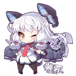  1girl ;) black_pantyhose blunt_bangs blush breasts brown_eyes buttons character_name chibi commentary_request dress floating_hair full_body gloves hair_ribbon headgear kantai_collection light_smile long_hair mecha_musume murakumo_(kancolle) murakumo_kai_ni_(kancolle) necktie one_eye_closed pantyhose pleated_dress red_necktie ribbon rikumaru sailor_dress ship_turret short_dress short_eyebrows short_sleeves sidelocks simple_background small_breasts smile solo spandex standing strapless strapless_dress tassel thighband_pantyhose translated tress_ribbon turtleneck very_long_hair white_background white_hair 