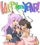  2girls ^_^ animal_ears bad_id barefoot blazer brown_hair bunny_ears bunny_tail carrot closed_eyes crescent_moon dress eyes_closed inaba_tewi jewelry long_hair moon multiple_girls necklace necktie new_year open_mouth pink_dress pink_hair purple_hair red_eyes reisen_udongein_inaba rex_k short_hair skirt smile tail touhou v 