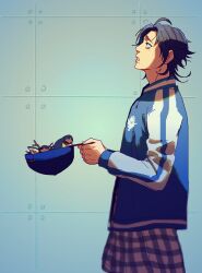  1boy :o ahoge animal baseball_cap bird bird_nest bird_request black_hair blue_jacket blurry clothes_around_waist cowboy_shot curtained_hair depth_of_field fingernails flannel from_side green_eyes hat holding holding_unworn_clothes holding_unworn_hat hypnosis_mic iria59 jacket long_sleeves looking_up male_focus mole mole_under_eye mole_under_mouth mullet multicolored_jacket multiple_moles parted_bangs parted_lips profile raised_inner_eyebrows shirt shirt_around_waist short_hair solo twig two-tone_jacket unworn_hat unworn_headwear white_jacket yamada_jiro 