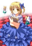  alice_margatroid alice_margatroid_(pc-98) alternate_hairstyle bad_id blonde_hair bow butterfly_wings checkered checkered_floor doll dress fairy_wings hair_bow highres minigirl short_hair side_ponytail sitting smile solo soukai_(lemonmaiden) touhou touhou_(pc-98) wings yellow_eyes 