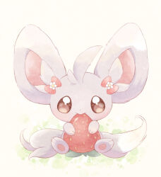  appyon_(archangel_ayp) brown_eyes cinccino commentary_request eating food fruit highres looking_at_viewer no_humans pokemon pokemon_(creature) sitting solo strawberry white_background 