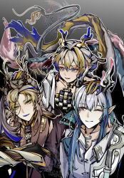  1girl 2boys antlers arknights blonde_hair blue_eyes chinese_commentary closed_mouth colored_extremities commentary_request double_headpat dragon_girl dragon_horns earrings eyeliner grey_hair hair_between_eyes hair_intakes hand_on_another&#039;s_head headpat highres horns jewelry ji_(arknights) long_hair makeup mole mole_under_eye multicolored_hair multiple_boys necklace one_eye_closed open_mouth pink_eyes pointy_ears purple_hair purple_mouth shu_(arknights) smile streaked_hair watermark xuelangqinxinlan yellow_eyes yi_(arknights) 
