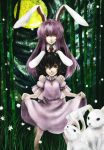  2girls animal_ears bad_id bamboo bamboo_forest black_hair bunny bunny_ears fireflies firefly flower forest full_moon grass hands_on_shoulder hands_on_shoulders highres inaba_tewi kazabana_fuuka light_smile long_hair looking_at_viewer moon nature night night_sky pov purple_hair rabbit red_eyes reisen_udongein_inaba short_hair skirt skirt_lift sky touhou 