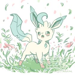  animal_focus asakoline commentary_request flower full_body grass leaf leafeon no_humans open_mouth outdoors petals pink_flower pokemon pokemon_(creature) pokemon_focus simple_background solo watermark white_background 