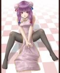  alternate_costume alternate_hairstyle bad_id bare_shoulders black_legwear black_pantyhose checkered checkered_floor china_dress chinese_clothes double_bun mochi.f pantyhose patchouli_knowledge sitting solo spread_legs touhou 
