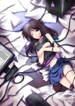  bare_shoulders brown_hair cable computer computer_keyboard computer_mouse cpu desk desktop highres lying monitor navel on_back original paper pen purple_eyes sinchi solo stylus tablet violet_eyes wink wire 
