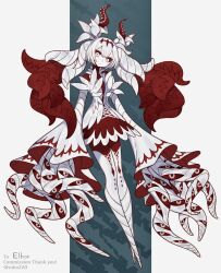  1girl blue_background colored_sclera colored_skin commission dress english_commentary extra_eyes full_body highres jacket looking_at_viewer monster_girl no_feet original red_dress red_hair red_sclera ruteko_(ruko220) skeb_commission solo tentacle_hair tentacles twintails white_eyes white_hair white_jacket white_skin 