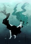  anbivarens aqua aqua_hair barefoot black_dress closed_eyes dress eyes_closed fish hatsune_miku highres long_hair shinkai_shoujo_(vocaloid) turquoise_(color) twintails underwater very_long_hair vocaloid 