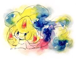  alternate_color black_eyes closed_mouth full_body highres jirachi non_(kumakawayusu) painting_(medium) pokemon pokemon_(creature) shiny_pokemon signature sitting smile solo tanzaku traditional_media watercolor_(medium) 