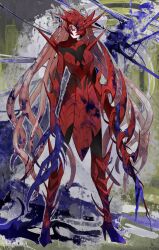  1girl blood blood_on_clothes blue_blood colored_sclera commentary dress full_body high_heels highres long_hair looking_at_viewer original pelvic_curtain pink_eyes pink_hair red_dress red_sclera ruteko_(ruko220) solo standing tentacles very_long_hair 