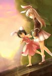  animal_ears barefoot black_hair bunny_ears closed_eyes eyes_closed inaba_tewi long_hair multiple_girls reisen_udongein_inaba short_hair smile sunset touhou white_hair yetworldview_kaze 