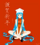  adult akeome blue_eyes blue_hair china_dress chinese_clothes crossed_legs gaishi_yuu ikamusume indian_style legs_crossed long_hair new_year no_socks shinryaku!_ikamusume sitting solo tentacle_hair translated very_long_hair 