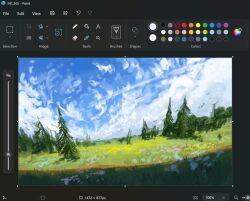  art_program_in_frame blue_flower blue_sky christian_young cloud_focus clouds cloudy_sky commentary day dutch_angle flower highres landscape meadow microsoft_paint_(medium) microsoft_paint_(software) no_humans original outdoors painterly perspective pine_tree pink_flower scenery screenshot shadow sky tree 