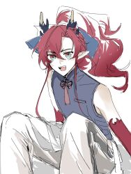  1boy :d arknights baizhou_buneng_jiatang bare_shoulders chinese_commentary colored_extremities commentary_request feet_out_of_frame green_eyes hair_between_eyes hair_intakes highres horns long_hair looking_at_viewer male_focus multicolored_eyes open_mouth pants pointy_ears ponytail red_eyes red_hair simple_background sitting sketch sleeveless smile solo split_mouth teeth two-tone_eyes upper_teeth_only white_background white_pants yu_(arknights) 