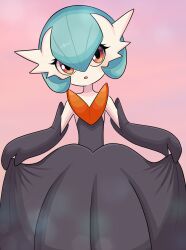  1girl :o alternate_color bare_shoulders black_dress black_gloves blue_hair blush bob_cut colored_skin commentary curtsey dress elbow_gloves faeriebottle flat_chest gardevoir gloves hair_between_eyes highres light_blush long_dress looking_at_viewer mega_gardevoir mega_pokemon open_mouth orange_eyes pink_background pokemon pokemon_(creature) shiny_pokemon short_hair simple_background solo standing strapless strapless_dress white_skin 