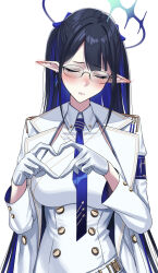  1girl armband black_hair blue_archive blue_armband blue_hair blue_necktie blush breasts buttons closed_eyes coat colored_inner_hair commentary_request double-breasted dress ear_blush four-finger_heart_hands glasses gloves halo heart heart_hands highres large_breasts long_hair multicolored_hair necktie pointy_ears rin_(blue_archive) round_eyewear semi-rimless_eyewear shin_tamanegi simple_background solo two-tone_hair two_side_up upper_body very_long_hair white_background white_coat white_dress white_gloves 