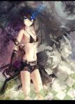  2y.x belt bikini_top black_hair black_rock_shooter black_rock_shooter_(character) blue_eyes chain chains gloves glowing glowing_eyes highres long_hair scar shorts solo twintails uneven_twintails weapon 