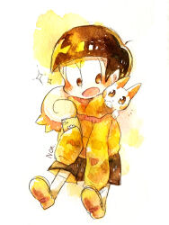  1boy brown_eyes brown_hair brown_shorts cellphone crossover full_body highres holding holding_phone male_focus matsuno_jyushimatsu non_(kumakawayusu) open_mouth osomatsu-san osomatsu_(series) pachirisu painting_(medium) phone pokemon_(creature) shorts simple_background sleeves_past_fingers sleeves_past_wrists slippers smartphone sparkle traditional_media watercolor_(medium) white_background 