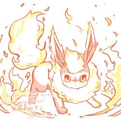  animal_focus asakoline commentary_request embers fire flareon full_body no_humans pokemon pokemon_(creature) pokemon_focus simple_background solo watermark white_background 