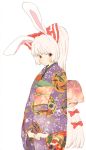  animal_ears bunny_ears fujiwara_no_mokou japanese_clothes kemonomimi_mode kimono komemo nervous no_nose obi ponytail red_eyes solo touhou white_hair 