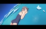  birds brown_hair cloud clouds earth female flash_tomo giantess horizon letterboxed lying ocean on_stomach one-piece_swimsuit original scenery solo swimsuit water 