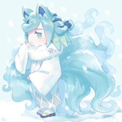  1boy alolan_ninetales animal_ears aqua_eyes aqua_hair black_sandals chibi chibi_only commentary_request eyelashes grusha_(pokemon) hand_up japanese_clothes kimono long_sleeves male_focus min_(myna8247) no_sclera pokemon pokemon_sv pokemon_tail sandals scarf sleeves_past_wrists socks solo standing tail white_kimono white_scarf white_socks 