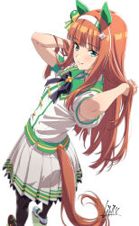  1girl animal_ears armpit_peek arms_behind_head arms_up black_pantyhose blue_eyes blunt_bangs blush bow closed_mouth ear_bow ear_covers ear_flower from_above from_behind hair_lift hair_ornament hairband highres hime_cut holding holding_own_hair horse_ears horse_girl horse_tail kibidango_14-gou long_hair looking_at_viewer looking_back orange_hair orange_tail pantyhose pleated_skirt school_uniform silence_suzuka_(umamusume) skirt smile solo standing tail tracen_school_uniform umamusume white_hairband white_skirt 