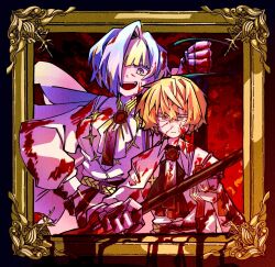  1boy 1girl ascot blonde_hair blood blood_in_hair blood_on_clothes blood_on_face border collared_shirt gauntlets hair_over_one_eye highres holding holding_nail kromer_(project_moon) limbus_company looking_at_viewer multicolored_hair n_corp._fanatic_(identity)_(project_moon) nail_(hardware) nantekottawo!! open_mouth project_moon red_ascot red_background shirt short_hair simple_background sinclair_(project_moon) streaked_hair upper_body wax_seal white_ascot white_hair white_shirt yellow_border yellow_eyes 