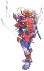  1boy absurdres armor bengus bishamon_(darkstalkers) clenched_teeth darkstalkers dou from_side full_body game_cg glowing glowing_eyes helmet highres hitodama holding holding_sword holding_weapon japanese_armor kabuto_(helmet) katana kusazuri non-web_source official_art painting_(medium) samurai sharp_teeth shoulder_armor simple_background sode solo sword teeth traditional_media waraji watercolor_(medium) weapon white_background 