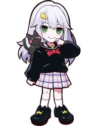  1girl animal_ear_footwear animal_on_shoulder anime_coloring ankle_socks black_cat black_fur black_sailor_collar black_shoes black_sleeve_cuffs black_sweater black_tail blush blush_stickers bow bowtie cat cat_ear_footwear closed_mouth collared_sweater crazy_raccoon diamond_hair_ornament double-parted_bangs eyelashes eyelashes_through_hair eyes_over_blush facing_viewer full_body gradient_shoes green_eyes grey_hair grey_skirt hair_between_eyes hair_ornament hairclip jobs_(crazy_racoon) legs_apart long_hair long_sidelocks official_art open_mouth plaid_clothes plaid_skirt pleated_skirt puppeteer7777 red_bow red_bowtie sailor_collar school_uniform second-party_source serafuku shoes sidelocks skirt sleeve_cuffs smile socks solo standing straight_hair striped_clothes striped_skirt sweater tachi-e thick_lineart transparent_background white_eyes white_hair white_socks 