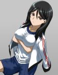  black_hair breast_hold breasts brown_eyes crossed_arms face frown fukiyose_seiri gym_uniform jacket jacket_on_shoulders large_breasts long_hair shaun_(fallenicons) solo taut_shirt to_aru_majutsu_no_index 
