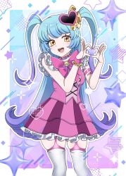  1girl blue_hair border bow bowtie gradient_background hair_ornament heart heart_hair_ornament heart_hands highres lobotomy_corporation long_hair looking_at_viewer magical_girl open_mouth pink_bow pink_bowtie pink_nails pink_skirt pink_vest project_moon purple_background queen_of_hatred simple_background skirt solo standing two_side_up upper_body vest white_border yagidon yellow_eyes 