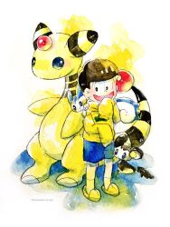  1boy ampharos black_eyes black_hair blue_shorts crossover emolga full_body heart heart_in_mouth highres hood hood_down hoodie male_focus matsuno_jyushimatsu non_(kumakawayusu) open_mouth osomatsu-san osomatsu_(series) pachirisu painting_(medium) pokemon pokemon_(creature) short_hair shorts slippers traditional_media watercolor_(medium) yellow_hoodie 