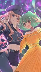  2girls \m/ asymmetrical_legwear bare_shoulders blonde_hair blue_eyes blue_hat blunt_bangs blush breasts closed_mouth commentary_request cowboy_shot crop_top cropped_jacket dated dress earrings fangs glint green_hair hand_on_own_hip hat highres jewelry lips long_hair looking_at_viewer macross macross_frontier medium_breasts medium_hair midriff mokorei multiple_girls off-shoulder_dress off_shoulder open_mouth orange_dress pink_lips ranka_lee red_eyes sheryl_nome signature single_earring small_breasts smile sparkle stage_lights zipper 