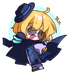  1girl black_coat black_dress black_gloves black_hat blonde_hair brown-tinted_eyewear brown_shoes chibi china_dress chinese_clothes cinq_association_east_uniform coat coat_on_shoulders colored_eyelashes don_quixote_(project_moon) dress full_body gloves hat highres jade_bangle jade_bracelet limbus_company looking_at_viewer nantekottawo!! pants partially_opaque_sunglasses project_moon round_eyewear shoes short_hair simple_background single_glove solo standing sunglasses tilted_headwear tinted_eyewear white_background white_pants yellow_eyes 