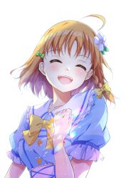  1girl :d ^_^ ahoge blue_shirt bow bowtie braid buttons closed_eyes collarbone commentary_request double-breasted facing_viewer flower frilled_shirt_collar frilled_sleeves frills green_bow hair_flower hair_ornament highres hoijin kimi_no_kokoro_wa_kagayaiteru_kai? love_live! love_live!_sunshine!! medium_hair official_alternate_costume open_mouth orange_hair puffy_short_sleeves puffy_sleeves sailor_collar shirt short_sleeves side_braid simple_background single_braid smile solo takami_chika white_background white_flower white_sailor_collar yellow_bow yellow_bowtie 