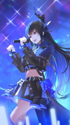  1girl :d absurdres belt black_belt black_hair black_jacket black_skirt blue_hair blue_shirt colored_inner_hair commentary concert cropped_jacket cropped_shirt english_commentary flower gloves glowstick hands_up highres holding holding_microphone hololive hololive_english hololive_idol_uniform_(color_rise) horn_flower idol_clothes jacket long_hair microphone midriff miniskirt mole mole_under_eye multicolored_hair music navel nerissa_ravencroft official_alternate_costume open_mouth penlight_(glowstick) pleated_skirt shirt sidelocks singing skirt slit_pupils smile solo teeth thekaiyip upper_teeth_only very_long_hair violet_eyes virtual_youtuber white_gloves 