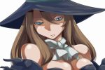  blue_eyes breasts brown_hair cleavage hat hekeniko long_hair neck_ribbon ribbon shrug solo tactics_ogre witch_(tactics_ogre) witch_hat 
