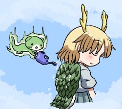  1girl antlers blonde_hair blue_background blue_shirt blush closed_mouth commentary_request cropped_legs green_skirt horns kicchou_yachie otter_spirit_(touhou) pleated_skirt rokugou_daisuke shirt short_hair short_sleeves signature skirt smile touhou turtle_shell watering watering_can yellow_horns 